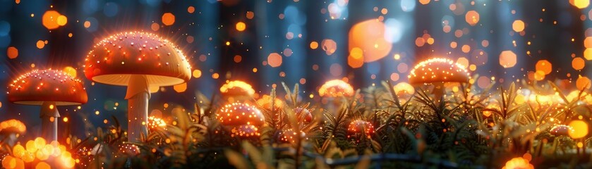 Enchanted forest with luminous mushrooms - Enchanted forest scene with magical, luminous mushrooms and fireflies, creating a fairytale-like atmosphere at dusk - obrazy, fototapety, plakaty