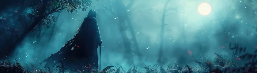 Enigmatic figure in a mystical forest at dusk - Ethereal image of a cloaked figure standing alone in a mystical forest with twilight ambiance - obrazy, fototapety, plakaty