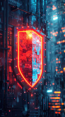 Futuristic shield in neon cyber cityscape - Cybersecurity concept with a glowing red shield in the midst of a high-tech city with a focus on digital protection and futuristic urban environments