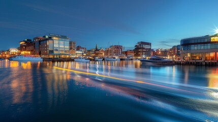 Harbor Lights A Captivating Cityscape Panorama with Glowing Boat Trails
