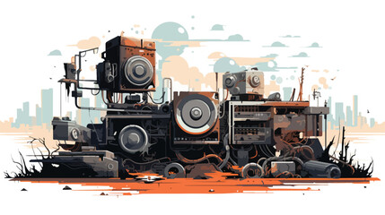 A cybernetic wasteland with rusted machinery - obrazy, fototapety, plakaty