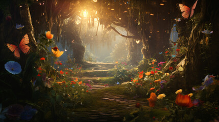 Beautiful fantasy enchanted forest with butterflies fl - obrazy, fototapety, plakaty