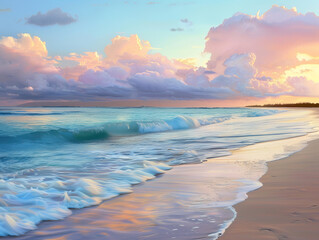 Gentle waves roll onto the sandy shore beneath a sky draped with cotton-like clouds at sunset
