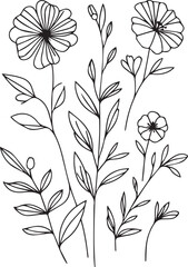 Flower and pot outline vector, Floral Decoration Branch Leaf.