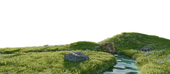 Foto op Canvas A calm river surrounded by lush greenery and wild flowers. 3D rendering. © snesivan