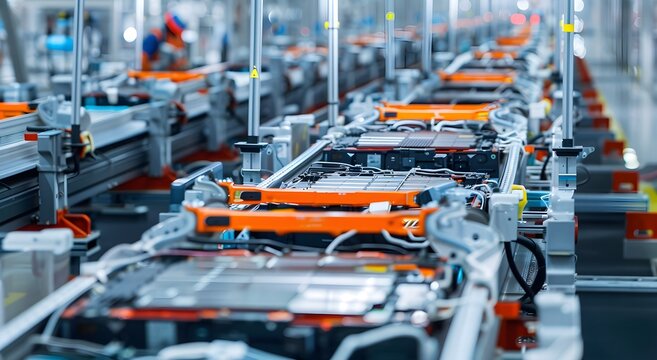 Mass production assembly line of electric car battery cells in a busy factory