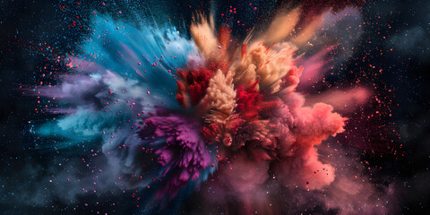 Explosion of colored powder abstract dust closeup on a black background
