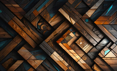 Abstract wooden glossy mosaic wall texture in grunge deco style with geometric shapes, wooden...