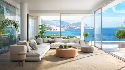 Modern bright interiors living room with sea view. 3d render, Generative AI