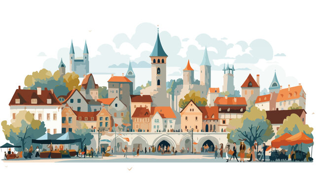 A medieval town with a bustling marketplace and a to
