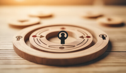 wooden block with target icon linked with human icons for customer focus group. Data exchanges development and customer service