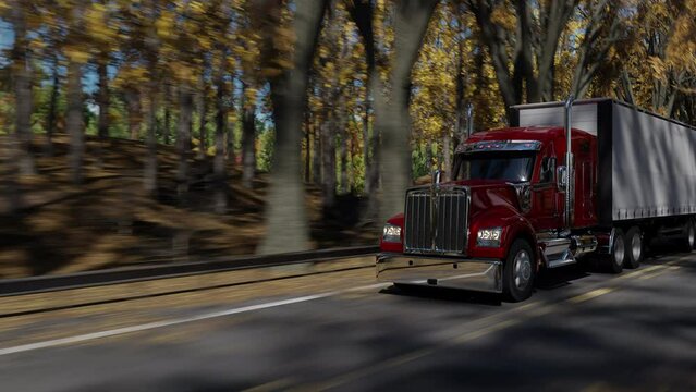 Road transport truck industry forest nature highway car delivery.  4k 3D Rendering