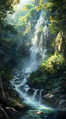 A powerful multi-tiered waterfall cascading through a dense tropical forest, sunlight piercing through
