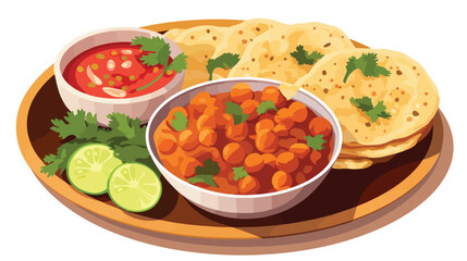 A plate filled with puri chickpea curry and onion