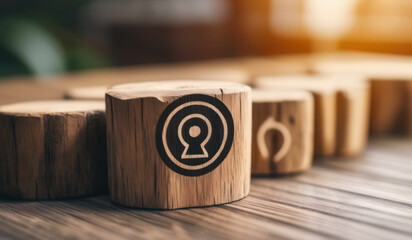 wooden block with target icon linked with human icons for customer focus group. Data exchanges development and customer service - obrazy, fototapety, plakaty