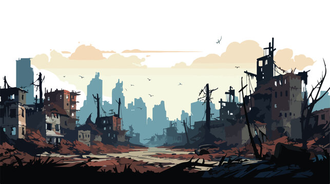 A post-apocalyptic cityscape with ruined buildings 