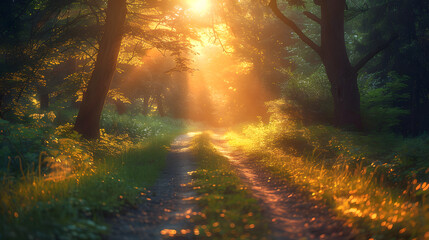 Obraz premium A dirt road surrounded by trees and grass with the sun shining through the trees.