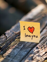 a yellow sticky note with "I love you" written on it on a wooden table