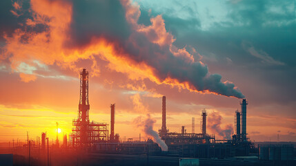 The stark contrast of industrial pollution against the beauty of a sunset, a visual commentary on environmental impact and energy production - obrazy, fototapety, plakaty