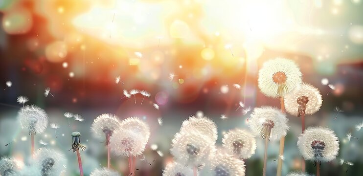 Dandelion Field Illuminated by the Sunset, Bokeh Lights Creating a Dreamy Atmosphere with a Touch of Allergenic Charm. Made with Generative AI Technology
