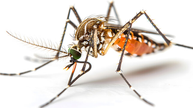 Macro photography of an arthropod pest, a mosquito, against a white background