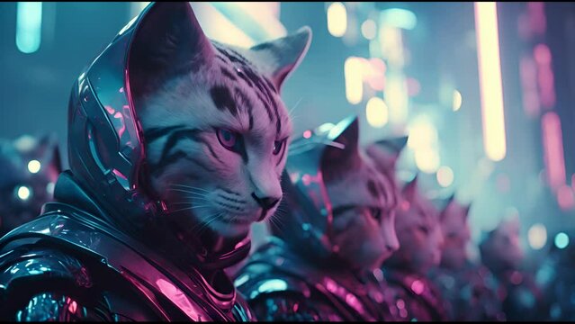 Anthropomorphic fantasy cat in cyborg armor. Fantastic android kitten in cyberpunk style. Technology and future concept.