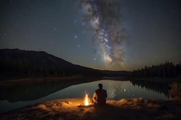 Man sitting near campfire and looking at the milky way at night