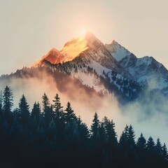 Sunrise in the Alps, forest with mountain peak in background, sunlight filtering through trees, misty atmosphere, golden hour lighting, nature illustration.