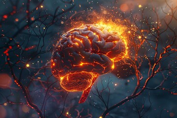 a brain with flames coming out of it - obrazy, fototapety, plakaty