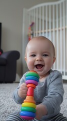 A baby playing with a colorful rattle, shaking it with glee as they explore the sound it makes