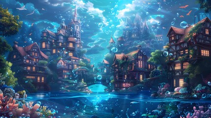 Twilight descends on an enchanted underwater village, where charming houses nestle among coral gardens and bubbles float towards the surface. - obrazy, fototapety, plakaty