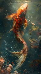 A radiant koi fish with scales that glisten like jewels swims gracefully in the sunlit, clear waters of a tranquil pond.