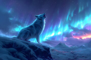 An Arctic wolf stands atop a snowy ridge, howling into the silent night, with the mesmerizing dance of the Northern Lights behind it.