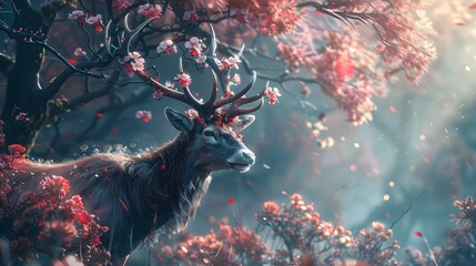 In a forest alive with the breath of spring, an enchanted buck stands serene, its antlers a blooming tribute to the season's beauty. - obrazy, fototapety, plakaty