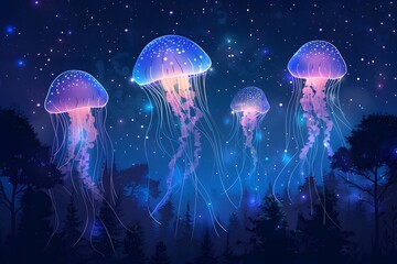 Suspended mid-air against a backdrop of a deep star-filled night sky and a silhouetted forest, vibrant, glowing jellyfish are depicted in a fantasy illustration. - obrazy, fototapety, plakaty