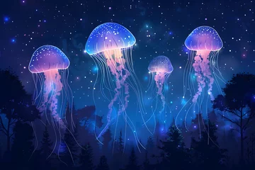 Fotobehang Suspended mid-air against a backdrop of a deep star-filled night sky and a silhouetted forest, vibrant, glowing jellyfish are depicted in a fantasy illustration. © Chomphu