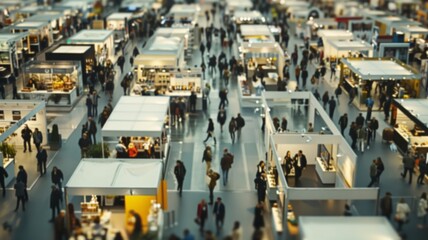 Fototapeta premium Blurred Trade fair show background, exhibition with booths for business, companies and industry to showcase and demonstrate products and services, for people, partners and customers
