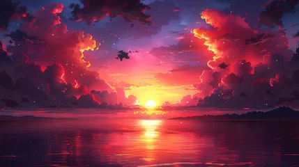 Wandcirkels plexiglas Dramatic sunset with vibrant pink and orange clouds reflected in tranquil water, silhouette of a bird in flight. © amixstudio