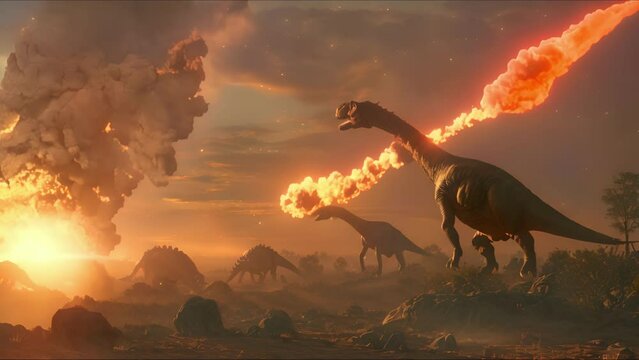 AI-generated dinosaurs in a prehistoric landscape. Global Earth disaster. Perfect for educational materials, scientific publications, and digital art. The concept of dinosaur extinction.