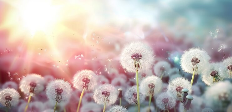 Dandelion Field Illuminated by the Sunset, Bokeh Lights Creating a Dreamy Atmosphere with a Touch of Allergenic Charm. Made with Generative AI Technology