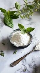 Stevia plant with powder in wooden bow, vertical background