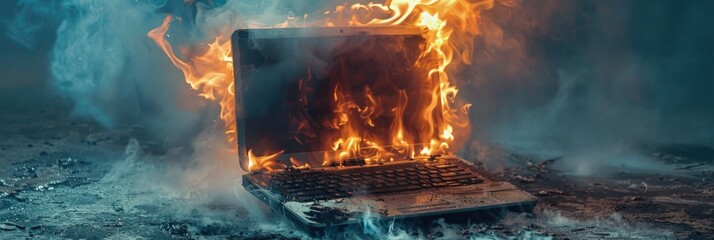 Laptop consumed by fierce flames and smoke - The destructive power of fire is shown as it engulfs a laptop in flames, illustrating disaster and loss - obrazy, fototapety, plakaty