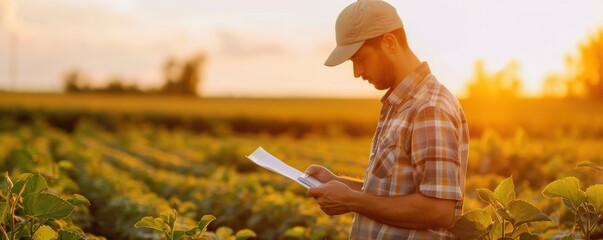 Farmer inspects his plants, agronomist in a field checks quality of harvest