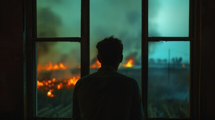 Man observing a blaze through a window - The image captures a man's silhouette looking out of a window, witnessing a fierce blaze engulfing trees under an evening sky - obrazy, fototapety, plakaty