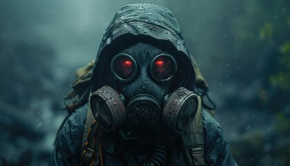 Person wearing gas mask with red glowing eyes - A chilling portrait of an individual in a protective gas mask with eerie red glowing eyes - obrazy, fototapety, plakaty