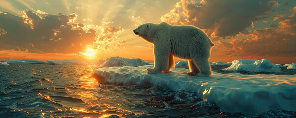 Polar bear facing a vivid sunset on icy waters - A majestic polar bear faces an intense sunset amidst the icy waters, symbolizing isolation and change - obrazy, fototapety, plakaty