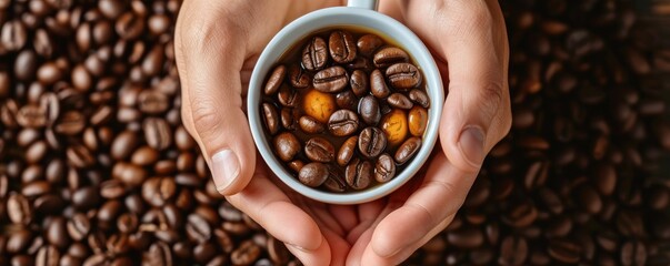 hands and cup full of coffee beans top view