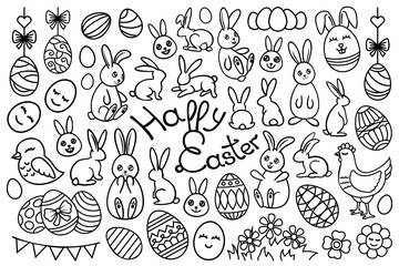 Line art Easter set, collection with bunnies, chickens, eggs contour drawings. Decorative linear vector Easter design elements.
