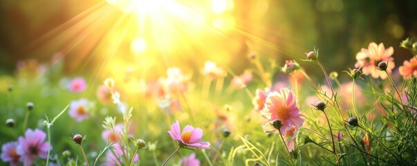 The blooming flowers banner. surrounded by green nature and shining sun. Summer flowers in beautiful nature background