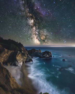 This stunning image captures the awe-inspiring coastline with waves crashing against cliffs under an expansive starry sky